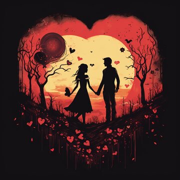 Valentine's day theme romantic young couple in love walking in park T shirt design image