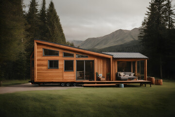 Concept photo shoot of wooden tiny house exterior