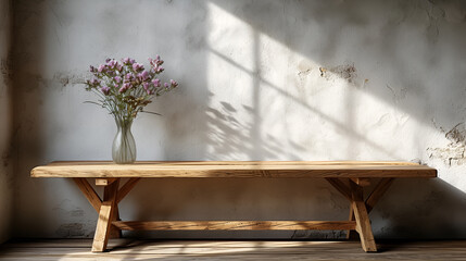 Home Interior with Wooden Furniture and Bouquet of Flowers on Table by Window