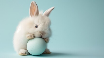 Obraz premium A small Easter bunny with an egg, a white cute fluffy rabbit on a blue background with a copy space