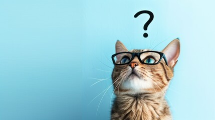 A puzzled cat with glasses with a question mark above his head on a blue background with a copy space - obrazy, fototapety, plakaty