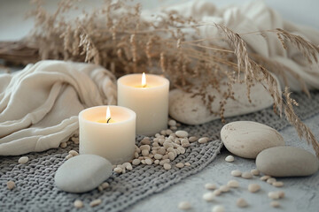 Fototapeta na wymiar Meditation space in scandinavian style, lit candles and pebbles