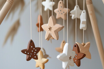 Scandinavian Baby crib mobile with wooden and textile stars - obrazy, fototapety, plakaty