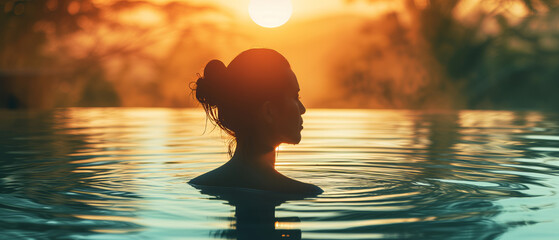 Silhouette of a Woman in Tranquil Waters at Sunset, Embracing Serenity and Mindfulness