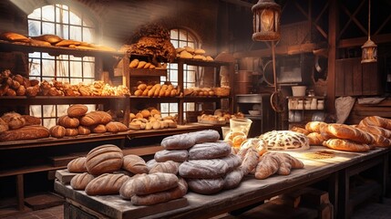 Fresh baked bread on bakery showcase, wheat products - AI generated image