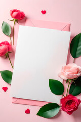 Blank paper greeting card with flowers on light pink background.