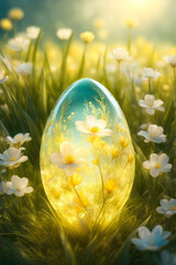 Transparent easter egg made of crystal glass in light yellow in the grass.
