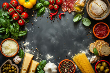Italian food ingredients frame on a dark background - Powered by Adobe