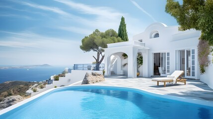 Traditional mediterranean white house with pool on hill with stunning sea view. Summer vacation...