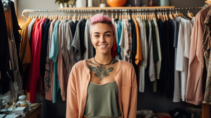 Cheerful tattooed young woman surrounded by clothes on racks