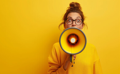 A girl with a mouthpiece shouts against a colorful background