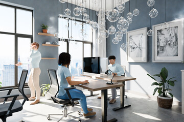 modern office with team of it professionals; with floor-to-ceiling windows and panoramic view; modern minimalistic interior design of workspace, top down view; bright daylight; 3D rendering
