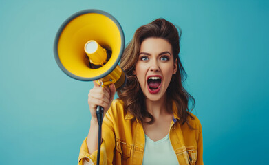 A girl with a mouthpiece shouts against a colorful background