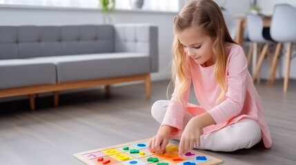 Naklejka premium Young girl happily focused on playing educational game
