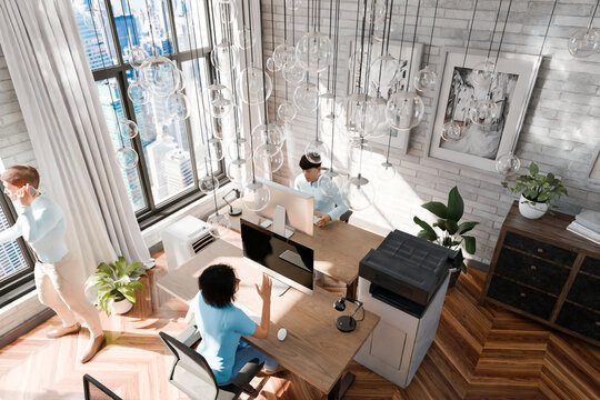 modern office with team of it professionals; with floor-to-ceiling windows and panoramic view; modern minimalistic interior design of workspace, top down view, bright daylight; 3D rendering