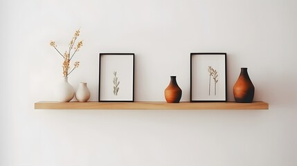Wood floating shelf with frames and vases on white wall. Storage organization for home. Interior design of modern living room. - obrazy, fototapety, plakaty
