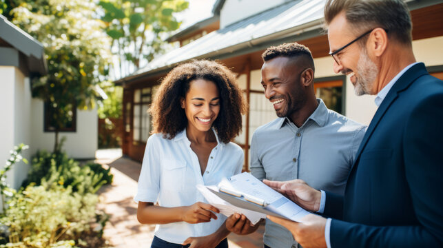 Smiling real estate agent showing documents to a happy couple