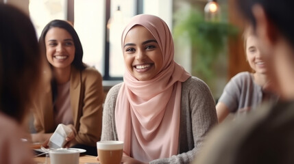 Young woman with pink headscarf sitting in a cafe among her friends