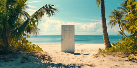 A white door on a sandy beach next to palm trees and azure sea, the concept of simply travelling open door to anywhere in the world