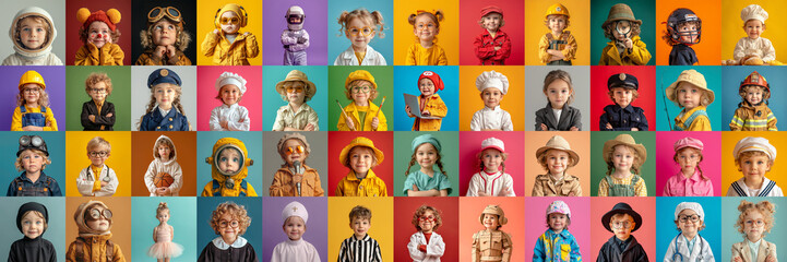 Panorama of children in outifts of many occupations in studio
