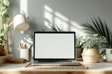 Stylish workplace with laptop. Front view of laptop screen. Mockup design. Generated AI