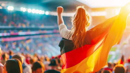 Young woman fan stands in stadium, arms raised high, holding Germany flag, embodying national pride and sports enthusiasm under sunset skies of eventful game day. Concept of sport competitions - obrazy, fototapety, plakaty