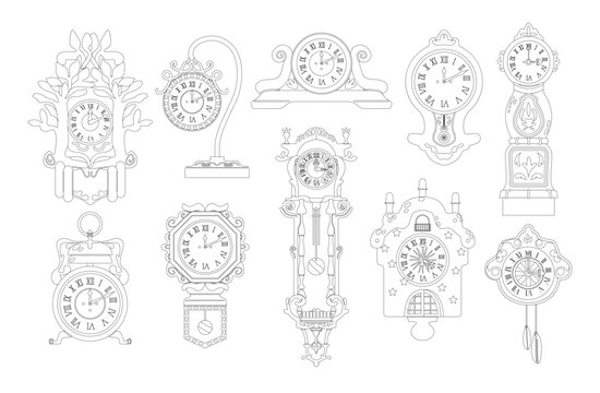 Antique Clocks Outline Vector Icons Set, Intricate Black And White Timepieces From Bygone Eras, Made Ornate Designs