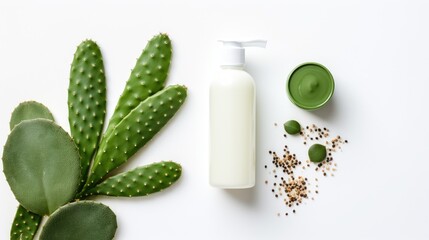 Obraz na płótnie Canvas Flat lay composition of cactus skin care product and cactus plant on white background. Cactus Concentrate Beauty Cream. Natural organic cosmetics with cactus extract. Sustainable 
