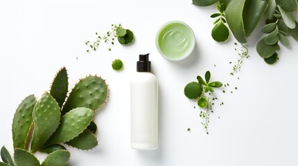 Flat lay composition of cactus skin care cream and cactus opuntia plant. Cactus Concentrate Beauty Cream. Natural organic cosmetics with prickly pear cactus extract. Sustainable. Green cosmetic - obrazy, fototapety, plakaty