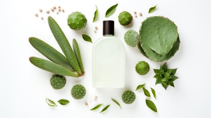 Obraz premium Flat lay composition of cactus skin care product and cactus plant on white background. Cactus Concentrate Beauty Cream. Natural organic cosmetics with cactus extract. Sustainable 