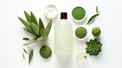 Flat lay composition of cactus skin care product and cactus plant on white background. Cactus Concentrate Beauty Cream. Natural organic cosmetics with cactus extract. Sustainable 