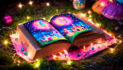 Festive Fairy Tales: Open Book and Christmas Lights. - obrazy, fototapety, plakaty