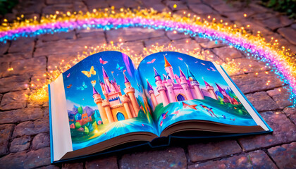Enchanted Book Pages: Castle Illumination. - obrazy, fototapety, plakaty