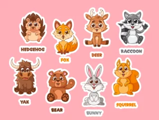 Fototapete Spielzeug Whimsical Cartoon Forest Animal Characters Vector Stickers. Cute Charming Bear, Fox, Hedgehog and Raccoon, Patches Set