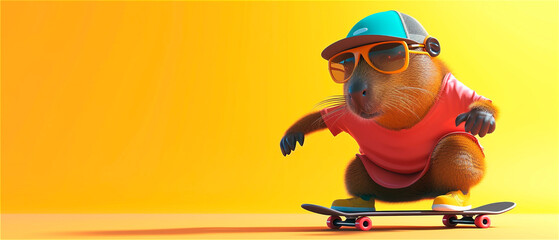 Banner with stylish animated capybara on a skateboard against a vibrant orange background. Copy space for text - obrazy, fototapety, plakaty