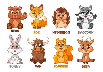 Whimsical Cartoon Forest Animal Characters. Cute Charming Bear, Fox, Hedgehog and Raccoon. Bunny, Yak, Deer, Squirrel