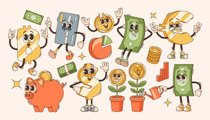 Funky Business Retro Cartoon Characters. Vector Money Flower, Piggy Bank and Credit Card, Euro, Dollar or Bitcoin