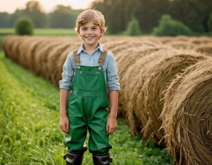 Naklejka na ściany i meble Smiling child boy in green overalls stands near hay bales in a field, evoking a sense of rural life and agriculture.