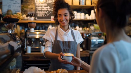 Fototapeta na wymiar cheerful barista with curly hair is handing over a cup of cappuccino