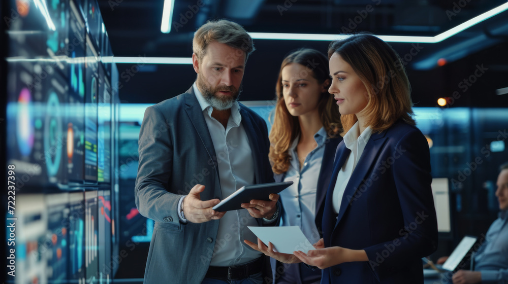 Canvas Prints two professionals, a man and a woman, examining a tablet with serious expressions on their faces in a high-tech control room with multiple screens displaying various graphs and data visualizations