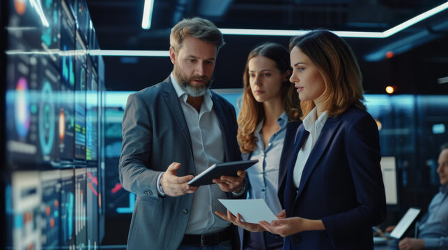two professionals, a man and a woman, examining a tablet with serious expressions on their faces in a high-tech control room with multiple screens displaying various graphs and data visualizations - Powered by Adobe