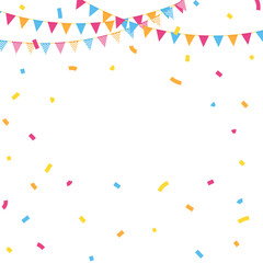 Multicolored buntings and confetti festive background with copy space