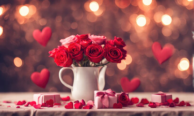 Valentines day table and blurred background.