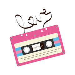 Pink music cassette. The inscription love made from analog magnetic audio tape. Favorite retro songs concept.