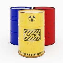 Three metal rusty barrel (yellow, red, blue) with radioactive waste. The barrel is labeled caution. Isolated on a white background. 3D render in high resolution