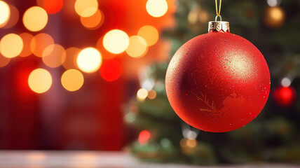 Fototapeta premium Closeup of christmas decorations with bright colorful bokeh on background, christmas concept