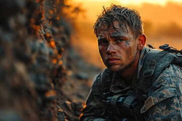 Obraz premium A stoic soldier stands tall against the open sky, his human face adorned with a military uniform that exudes strength and courage in this powerful outdoor portrait