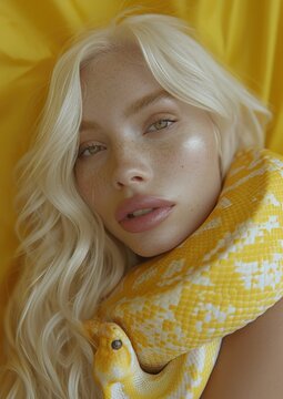 Portrait of a model with light blonde hair in a relaxed pose with a yellow python wrapped around her neck and shoulder.