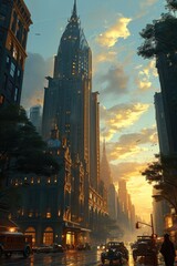 As the sun sets over the bustling metropolis, the towering skyscrapers and lush trees create a stunning cityscape in this urban jungle of a downtown street