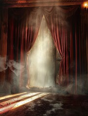 A dramatic scene awaits behind the red curtains as a solitary light illuminates the mysterious indoor space